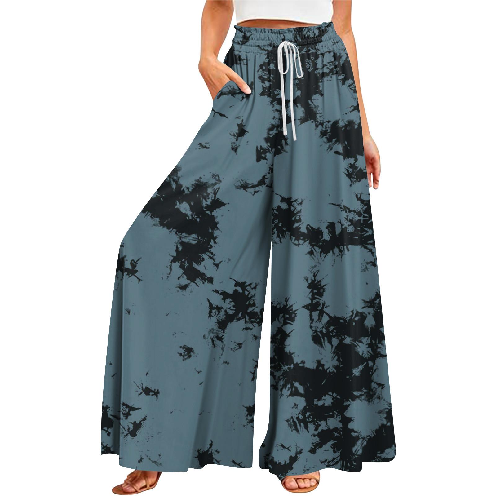 Women s Summer Wide Leg Pants High Waisted Flowing Pockets Fashion Casual Casual Bohemian Printed Beach Pants L чёрный