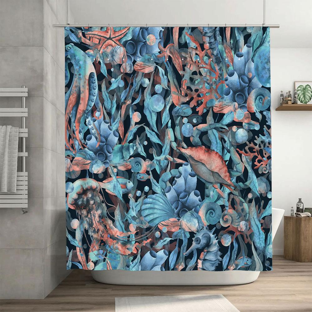 Underwater World Shower Curtain Blue Coral Jellyfish Print Home Decor Waterproof Bath Liner For Bathroom Decoration 69X72 Inches