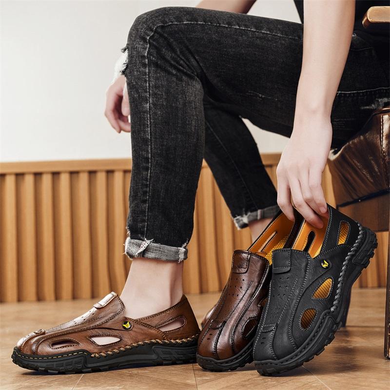 Handmade Summer Men's Sandals Leather Men's Shoes Casual Trekking Sneakers Outdoor Comfortable Breathable Travel Driving Shoes
