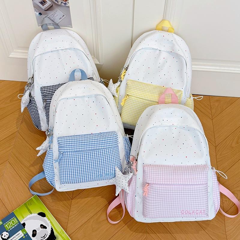 Schoolbag New INS Cute Polka Dot Plaid Backpack, Backpack for Primary and Secondary School Students, Lightweight Large-capacity Travel Backpack 