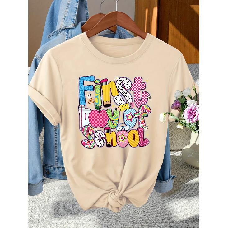 Back-to-School Season Fashionable and elegant with a variety of colors First Day of School Patterned Print Round Neck Short Sleeve T Women's
