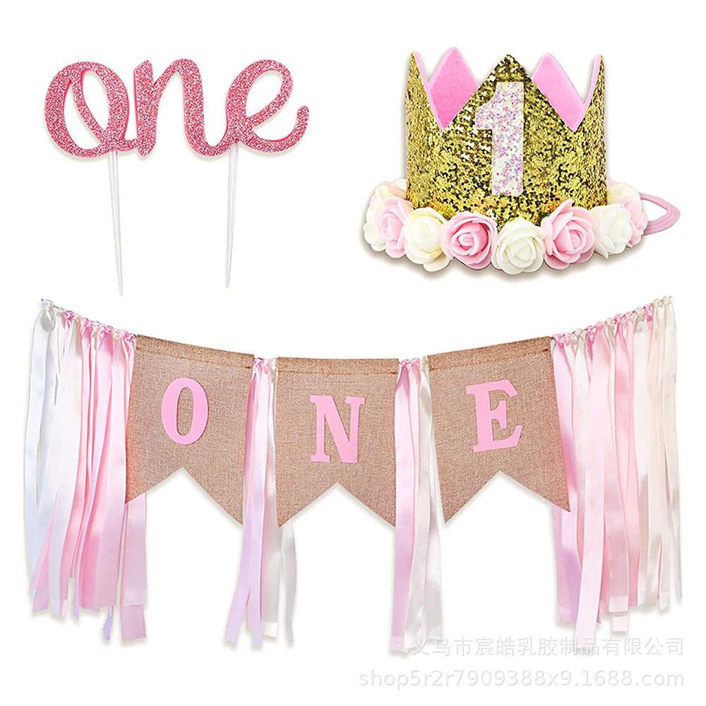 Cross-Border Girl s Birthday Suit: Crown, Hat, Banner, Cake Topper, Table & Chair Decor, Burlap Pull Flag