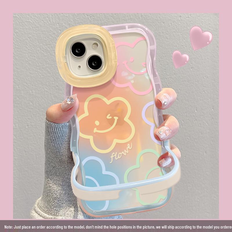 

Прозрачный чехол для iPhone 13/14: Градиентный дизайн «Цветок-смайлик» с волнистым краем и двойной подставкой для женщин iPhone 12 Pro