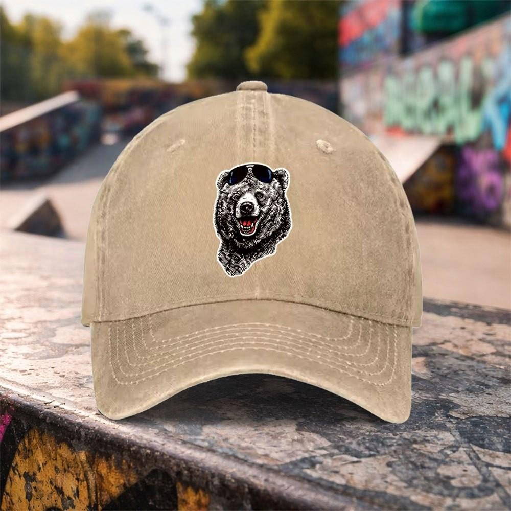 Cool Bear With Sunglasses Washed Baseball Cap Premium Cotton Outdoor Adjustable Unisex Hat