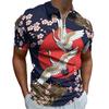 Zebra & Tropical Print Short Sleeve Zip-up Polo, Stylish Casual Top