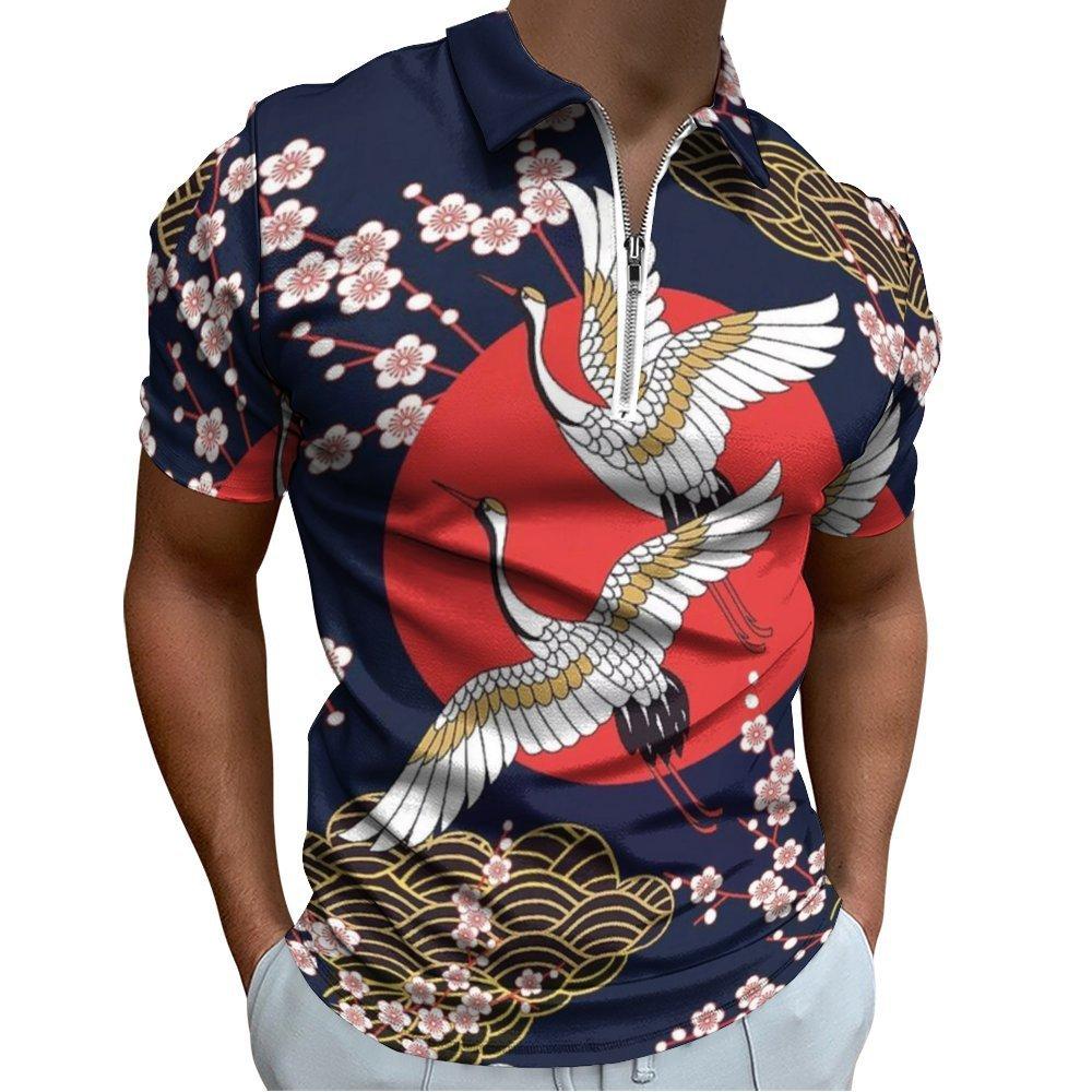 Zebra & Tropical Print Short Sleeve Zip-up Polo, Stylish Casual Top
