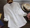Women's Blouse Cotton and Linen Solid Color Long-sleeved Large Size Casual Loose Pocket Shirt