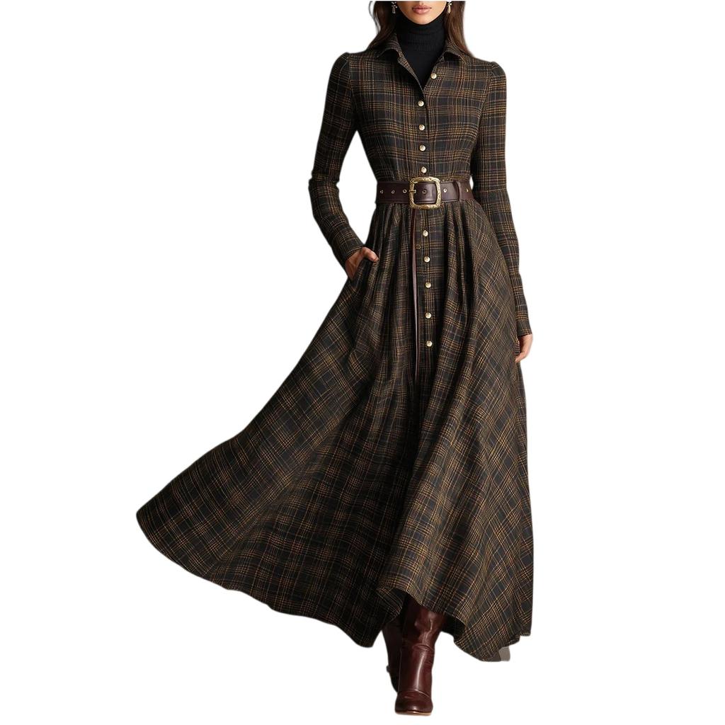 Damen kariertes Hemdblusenkleid, V-Ausschnitt, einreihig, mit Schlitz, Maxikleid