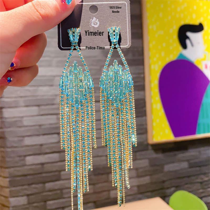 S925 Silver Needle Rhinestone Tassel Earrings - Exquisite Long Claw Chain with Colored Diamonds, European & American Style
