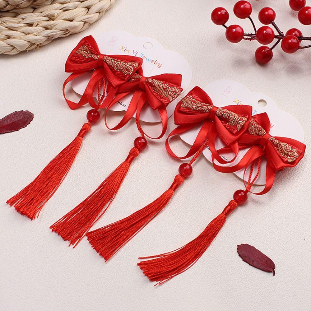 2pcs Tassel Baby Wig Hairpin Chinese Style Red Bowknot Hairclip Children's Bow Wig  New Year Festive
