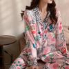 Pyjama Set met Luipaardprint voor Dames Idyllische Stijl Lange Mouw Broek Vrouw Lounge Herfst Winter Cartoon Nachtkleding