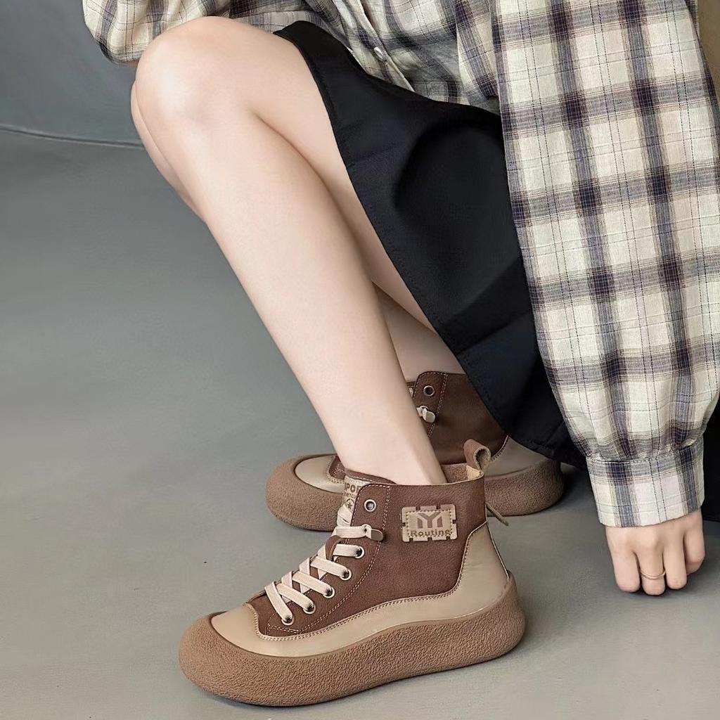 Spring New First-layer Cowhide Thick-soled Color Matching Retro One-pedal High-top Shoes Versatile Casual Sports Board Shoes