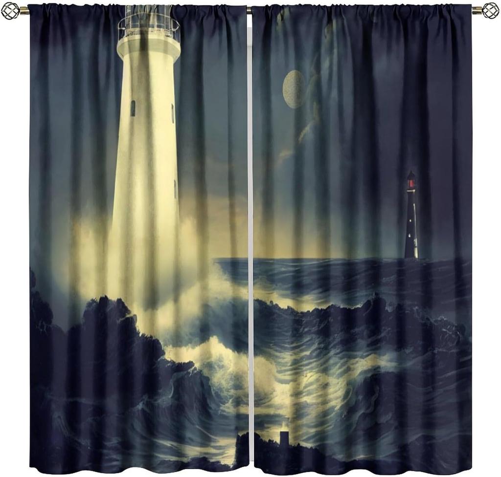 Lighthouse Curtains Vintage Sunset Ocean Island Lighthouse Nature Landscape Art Print Blackout Window Drapes for Bedroom Living