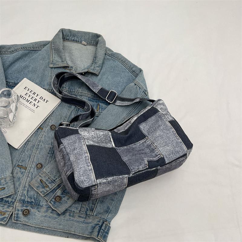 Borsa Hobo Donna In Denim Lavato Nero, Grande E Capiente Con Tracolla Regolabile, Borsa A Spalla Per Ogni Giorno