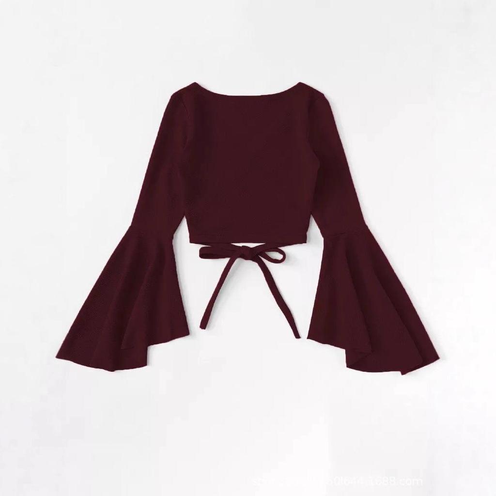 European/American Style Lace-Up Bell Sleeve V-Neck Crop Top: Slim, Retro, Solid Color