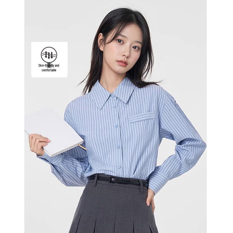 Women s Blue Striped Long Sleeve Commuter Shirt L