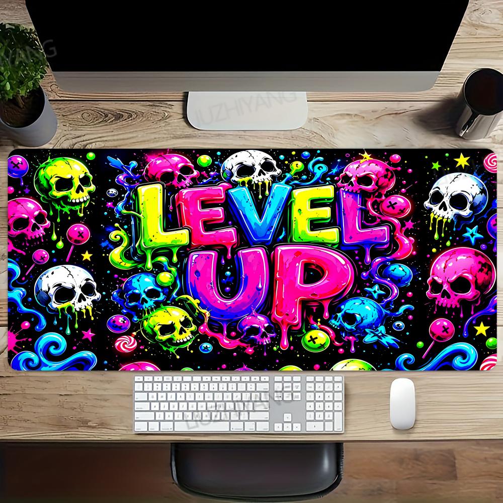 Neon Graffiti Level Up Skull Mouse Pad XXL Large Anti-Slip Rubber Esport Gaming MousePad Durable Office Gamer Long Desk Mat