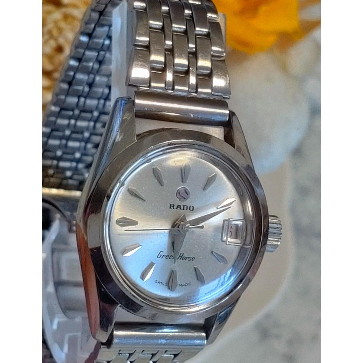 Used Operational RADO Green Horse Ladies Watch Automatic Silver Date Vintage