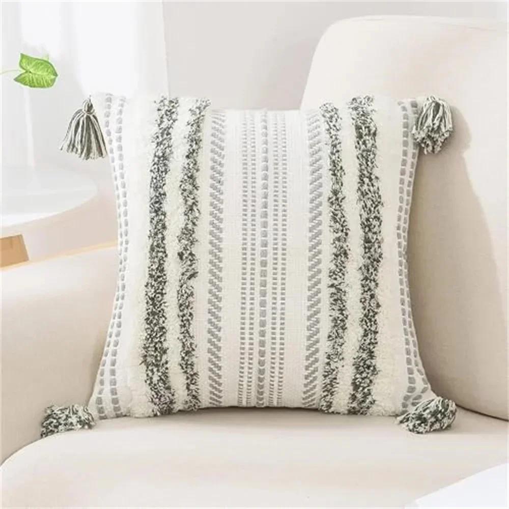 Homaxy Bohemia Pillow Case 50x50 For Sofa Pillow Cover Striped Tassel Decor Cushion Cover Furry Boho Pillowcase Aesthetic 45x45