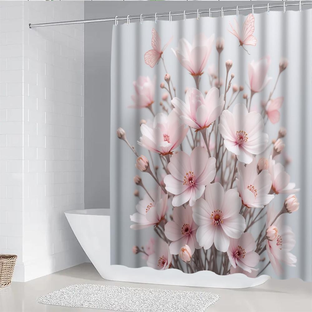4Pcs Light Pink Cherry Shower Curtain Set with Non-Slip Bath Mat, Toilet Lid Cover, Contour Rug & 12 Hooks, Bathroom Decor