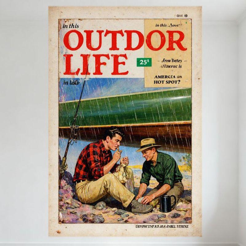 

Vintage Outdoor Life Magazine Cover Tin Sign - Rainy Riverbank Canoe Scene, Men Fishing Retro Metal Wall Decor for Bar Pub Home 20x30cm（7.8x11.8inch）