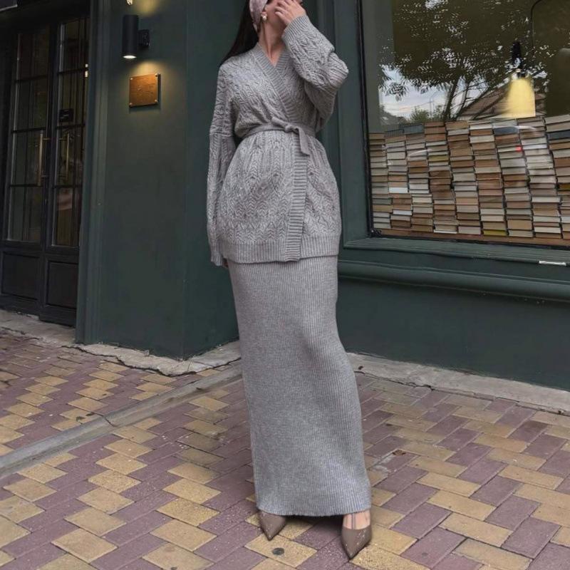 Hollow Cardigan Loose Knitted Sweater Jacket Cross-border European and American Women's Clothing Lace-up Skirt Fashion Casual Suit