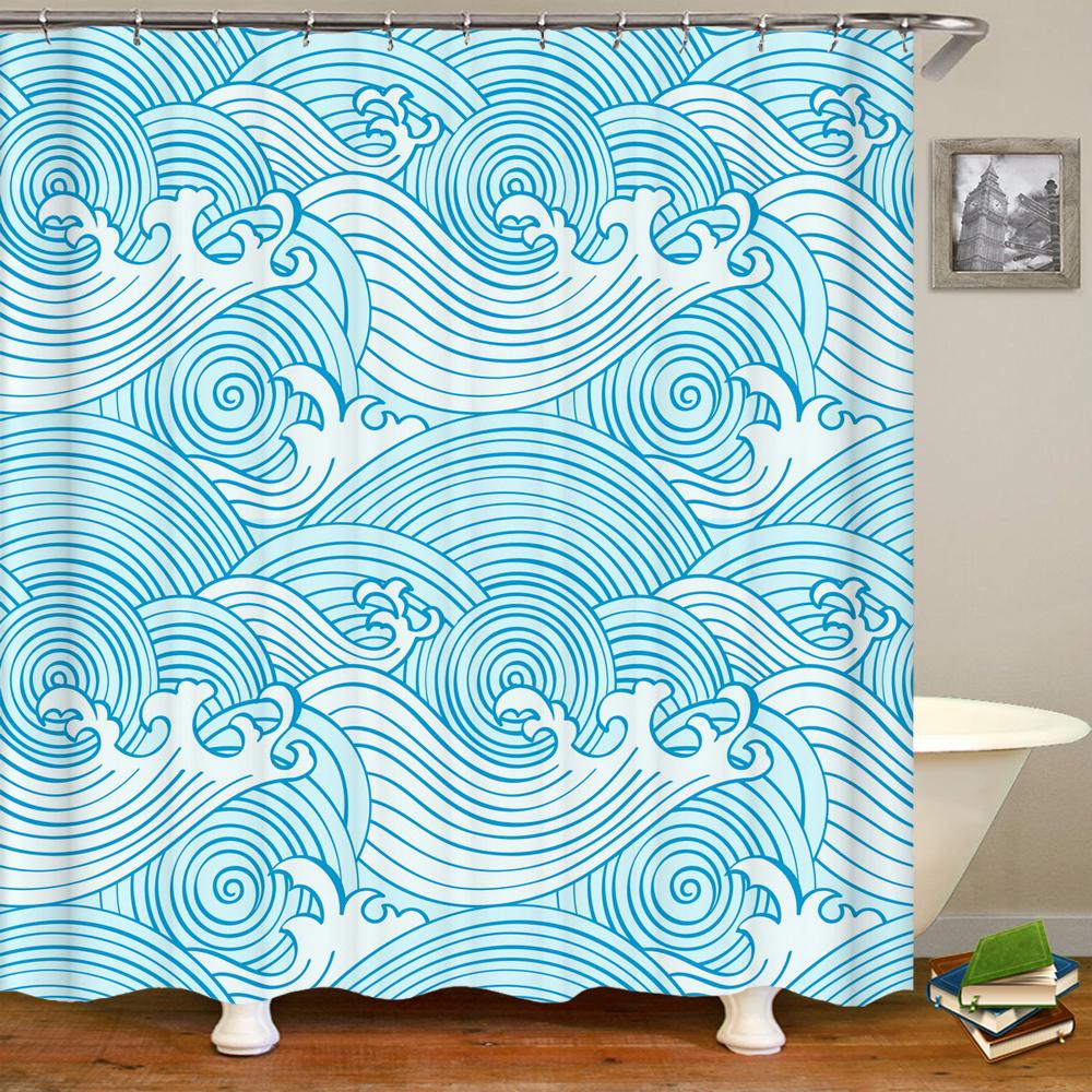 Waterproof Polyester Fabric Shower Curtain Japanese-style Waves Samurai Landscape 3d Printing Bathroom Decor Shower Curtains