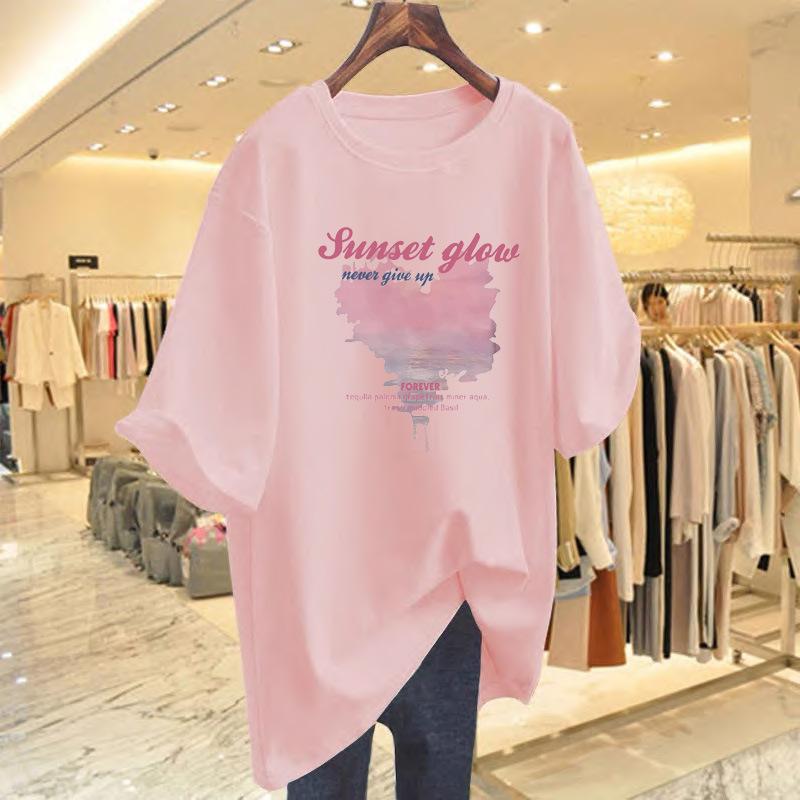 Loose cotton alphabet short-sleeved T-shirt women's medium and long 2025 summer new large version half-sleeved top