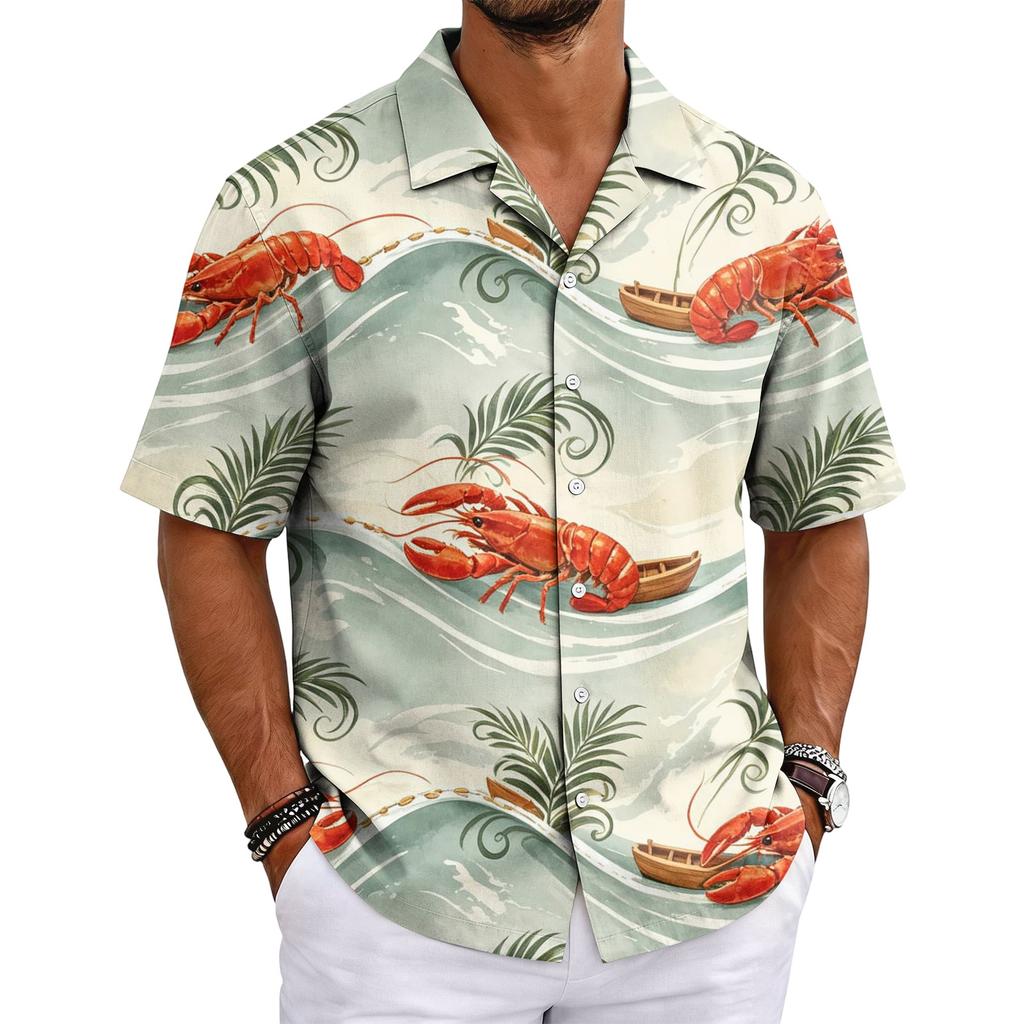 Men's Summer Lobster Festival Basic Cuban Collar Shirt Short Sleeve Button Down Casual Hawaiian Shirt with Tropical Leaf and Fruit Print