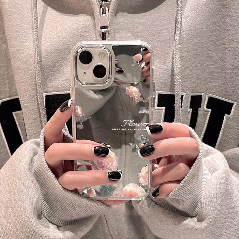 Rose Flower Phone Case For iPhone 16 Pro Case Funda iPhone 13 11 12 14 15 Pro Max Plus XR X XS Shockproof Make Up Mirror Cover