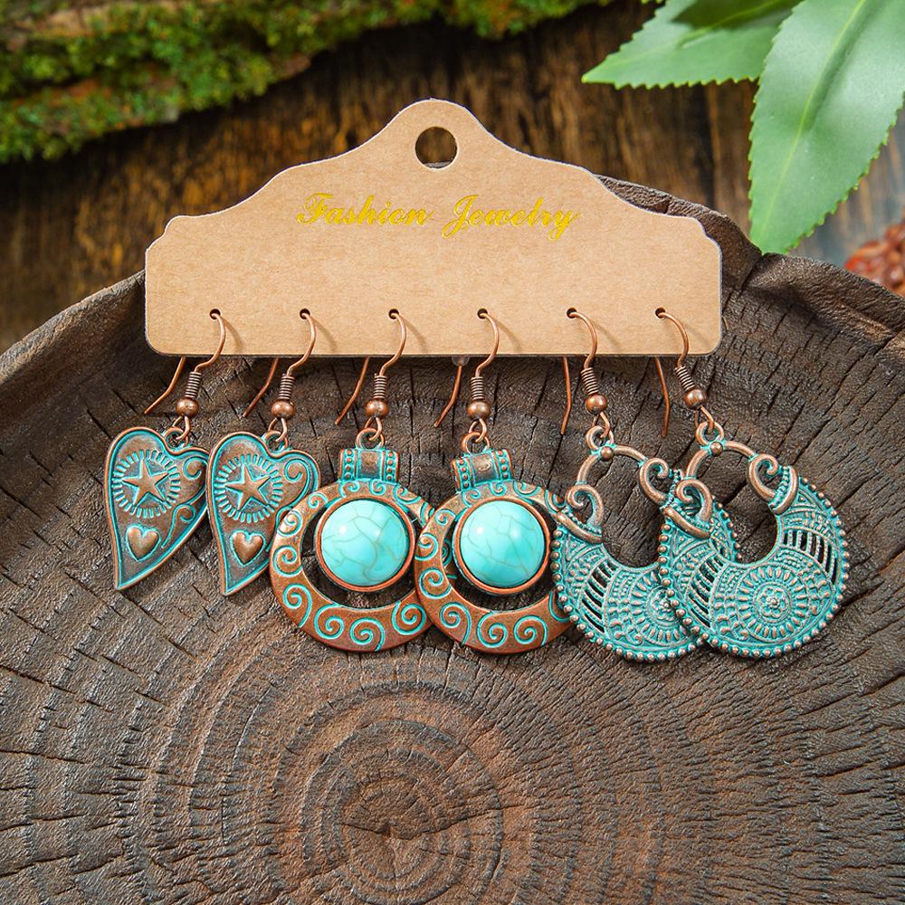 

Vintage Ethnic Bronze Color Earrings Set For Women Elegant Texture Personality Geometric Dangle Earrings Female Boho Jewelry
