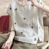 Women Embroidered Linen Blend Top Round Neck Keyhole Cap Sleeve Casual Loose Fit Chinese Style Blouse
