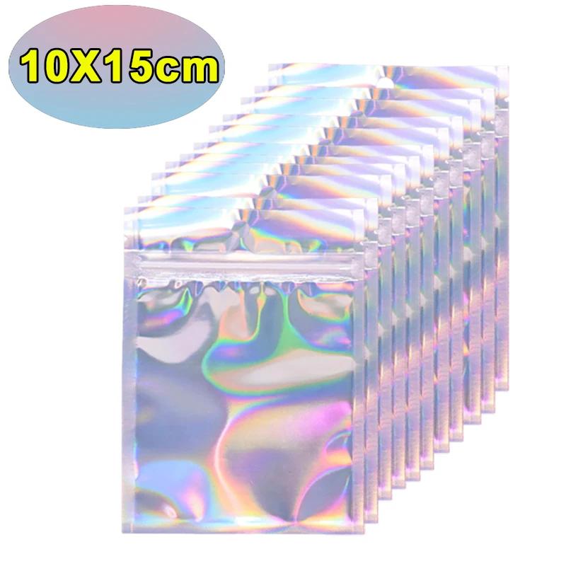 60-10PCS Laser Sealing Bags Plastic Holographic Candy Food Packaging Pouches Resealable Jewelry Necklace Storage Organizer Bag