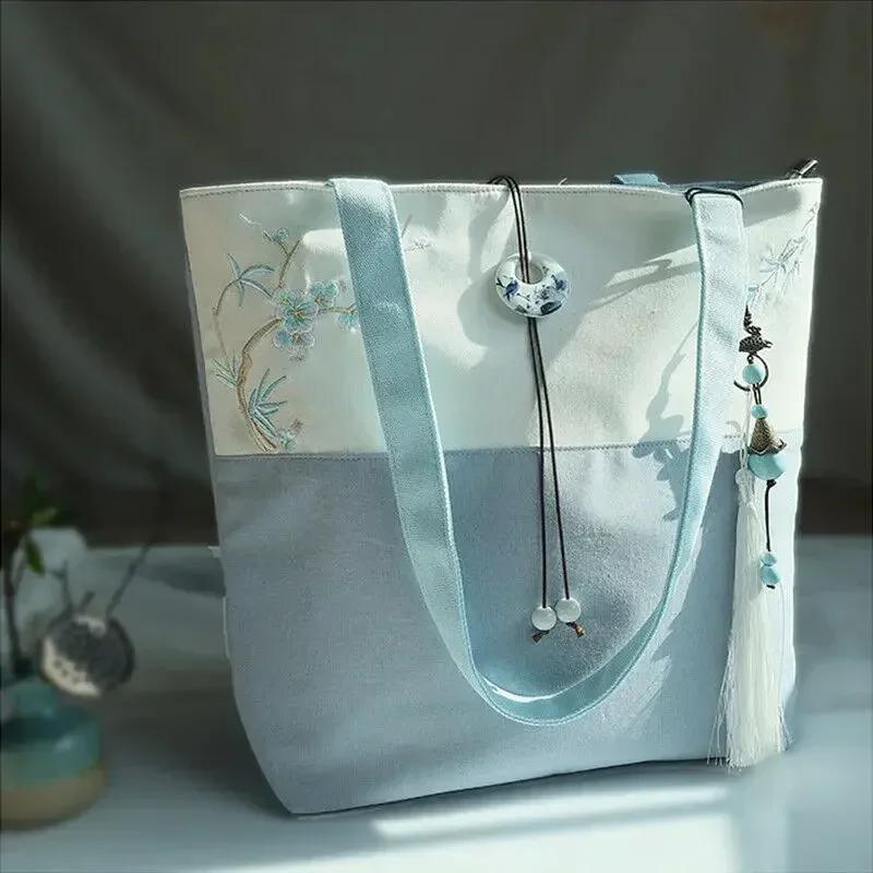 

Women s Embroidered Tote Bag Shoulder Bag with Flower Grass Pattern Art Retro Canvas Tassels Chinese Style Shoulder Handbag
