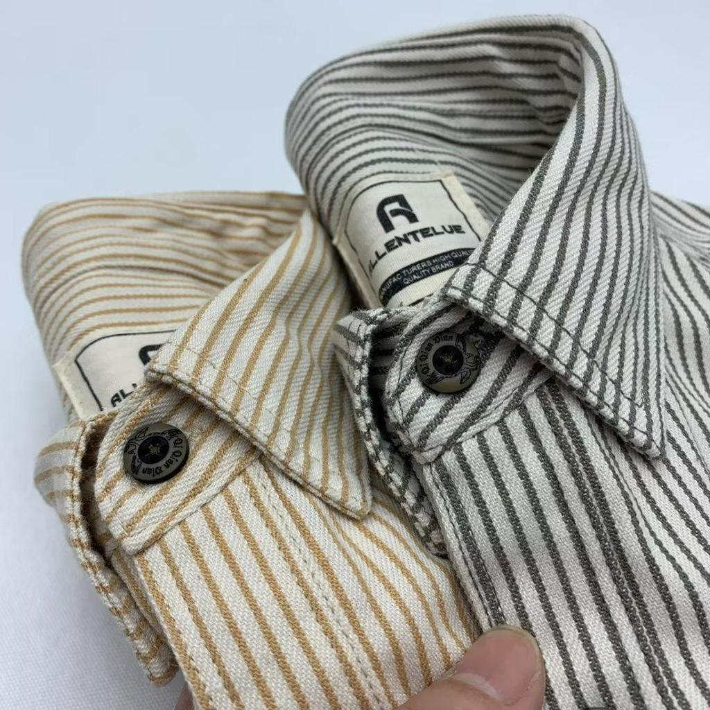 Unisex Retro Japanese Khaki Striped Long-Sleeve Shirt