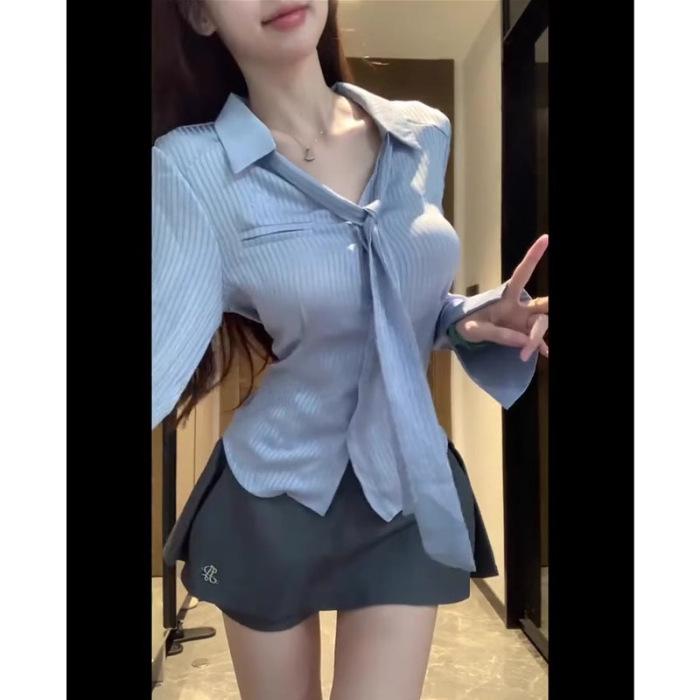 

В этом году модная женская легкая рубашка в полоску для зрелого лета – с длинным рукавом, завязывающаяся спереди, солнцезащитная, повседневный стиль L