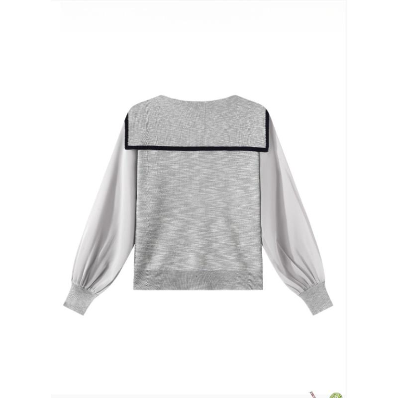 Ein Retro Color-Blocking Gestreifter Langarm-Strickpullover für Damen für den Frühherbst, Ein lockerer und vielseitiger Marine-Kragenpullover
