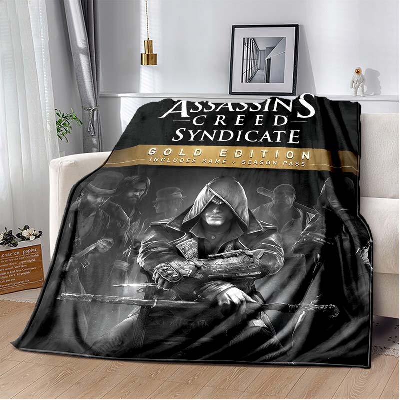 Assassin's Creed Hooded Figure Flannel Blanket Red Smoke Logo Print Soft Warm Throw For Sofa Bed Gamer Home Decor