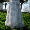 Women Midi Skirt Elastic High Waist Floral Embroidery Print Mesh Skirt Double Layered Tulle Large Hem A-Line Skirt