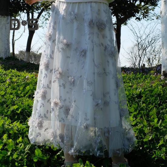 Women Midi Skirt Elastic High Waist Floral Embroidery Print Mesh Skirt Double Layered Tulle Large Hem A-Line Skirt