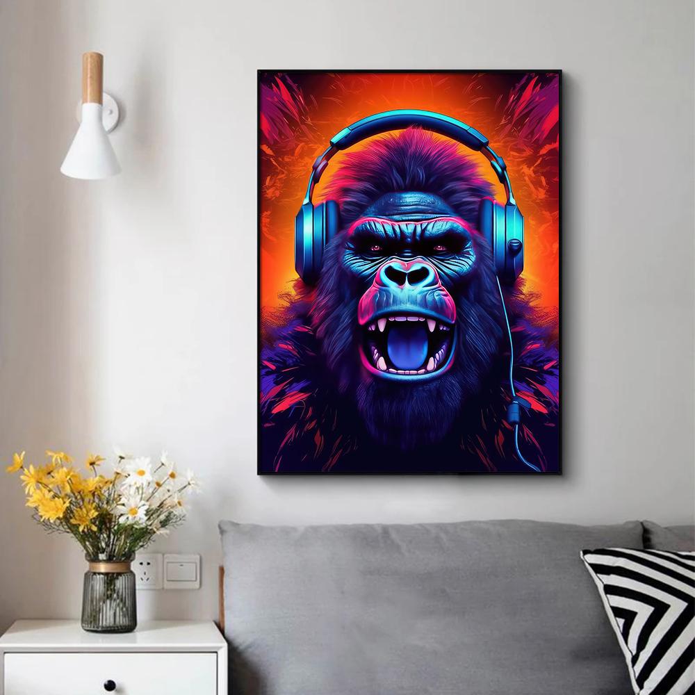 Monkey Cat Dog Headphone Poster Living Bed Room Home Bar Decor Canvas Painting Fashion Dj Music Animal Wall Art Picture Prints