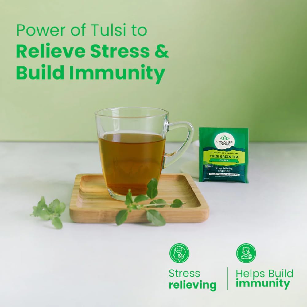 ORGANIC INDIA Tulsi Green Classic 50 Tea Bags With Antioxidant-Rich Blend For Refreshing Daily Wellness And Smooth Green Tea Experience
