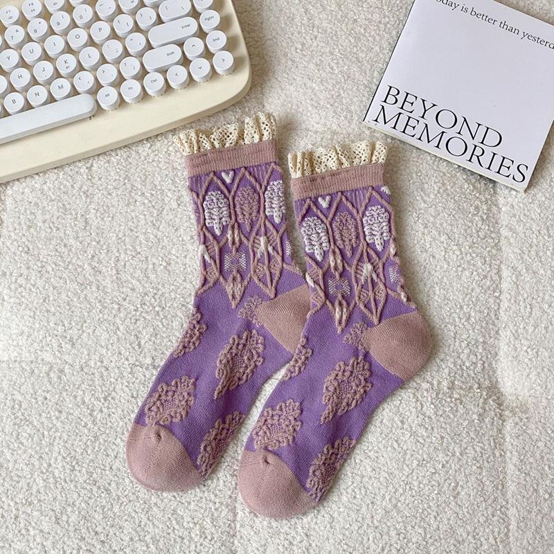 Luxury Socks Korean Fashion Women Harajuku Style Geometric 3D Textured Winter Thick Warm Cashmere Lace Designer Socks Vintage