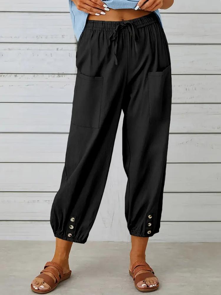 Women Capri Pants Drawstring High Waist Trousers Wide Leg Cropped Pants with Pockets