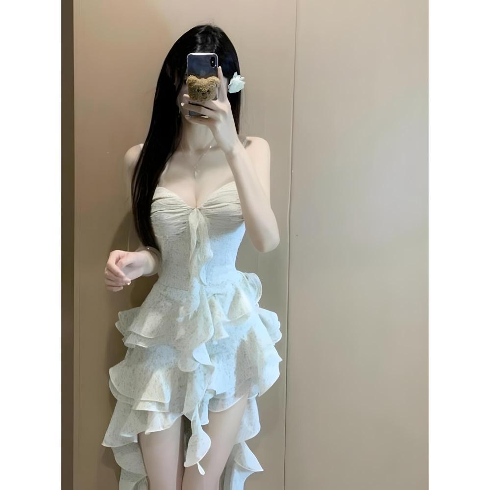 Rochie cu bretele fustă florală frumoasă cu volane neregulate vacanță la malul mării fustă de zână