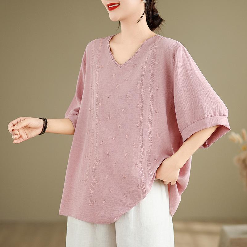 

Летняя хлопково-льняная вышивка Художественная свободная футболка с V-образным вырезом и короткими рукавами для женщин 2XL