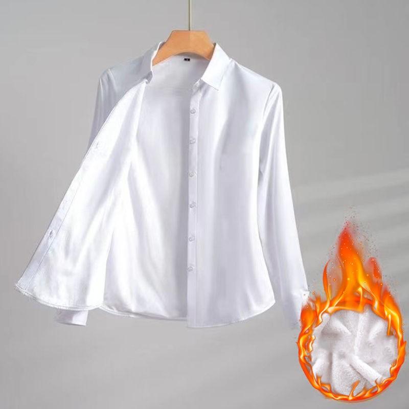Women's Autumn Winter Slim Fit Long Sleeve Fleece Lined Shirt Business Casual Plus Size Shirt