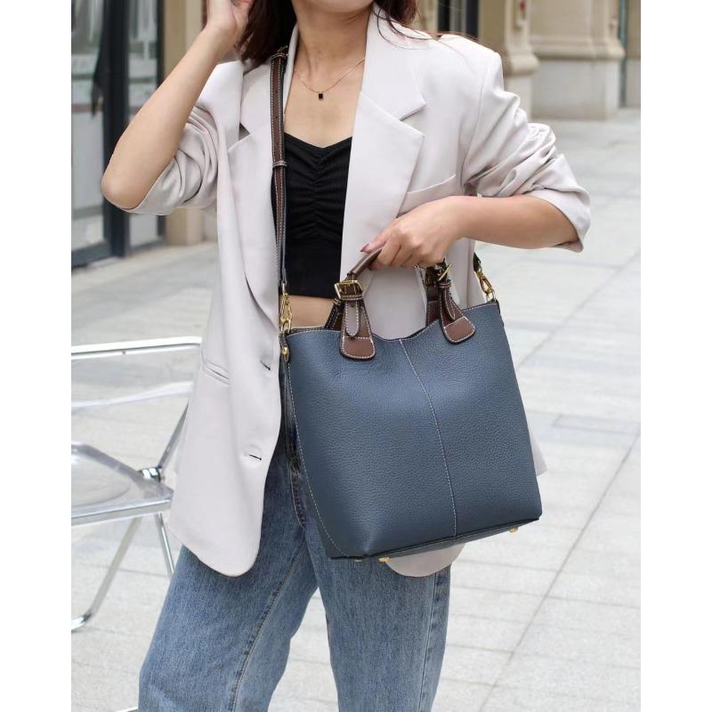 Top Layer Cowhide Large Capacity Mother Bag High End Hand Carrying One Shoulder Crossbody Bag Genuine Leather Bucket Bag