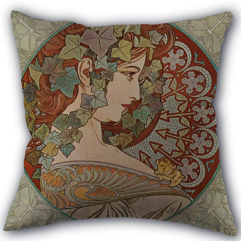 Custom Alphonse Mucha Art Pillowcase Cotton Linen Fabric Square Zipper Pillowcase 45X45 Wedding Decorative Pillow Cover
