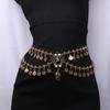Elegant Bohemian Alloy Coin Tassel Waist Chain Belt for Women - Golden-Toned with Pearls & Billboard Button Accents, Ideal for Casual Outings, Evening
